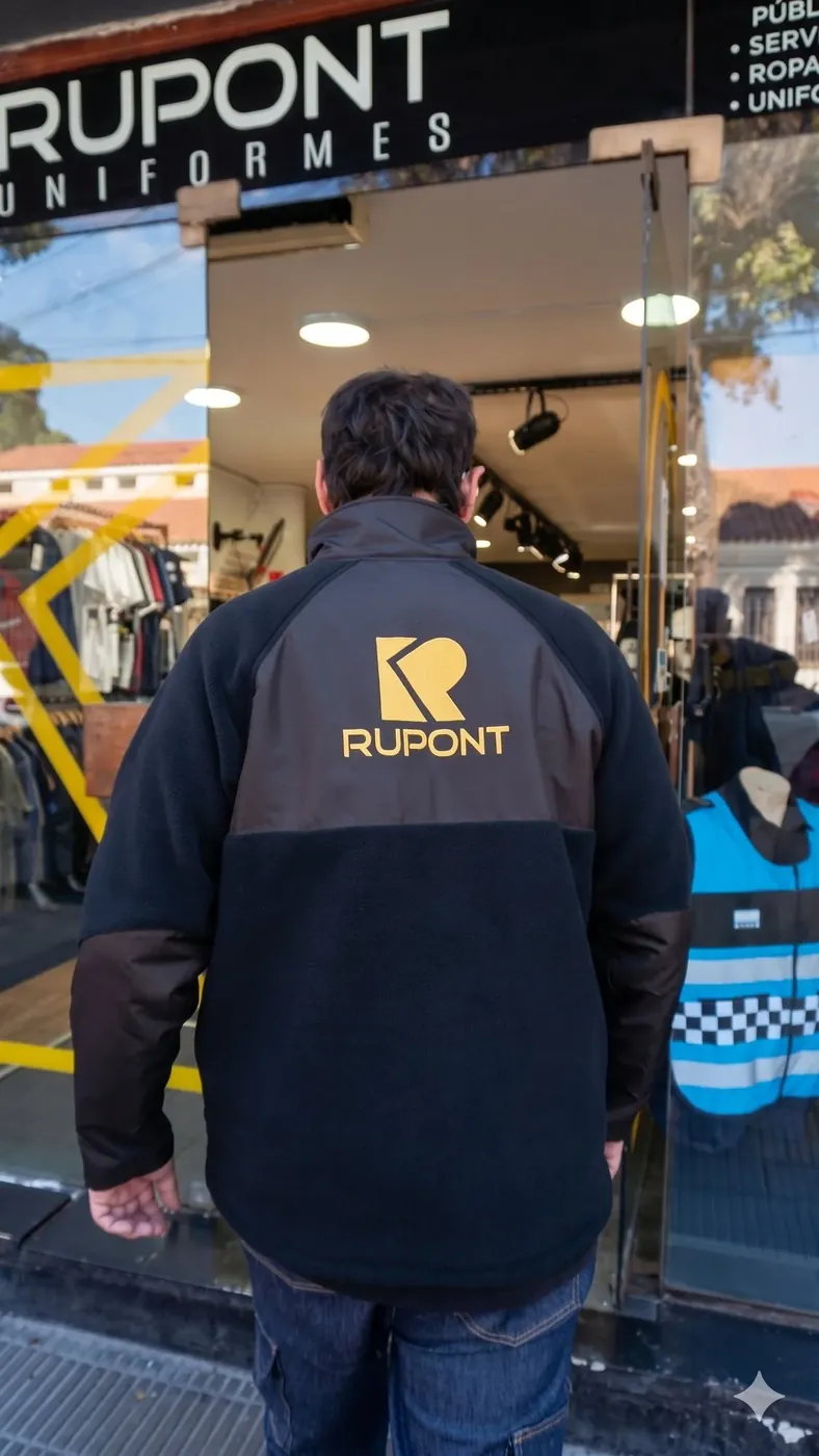 Persona con campera Rupont frente al local